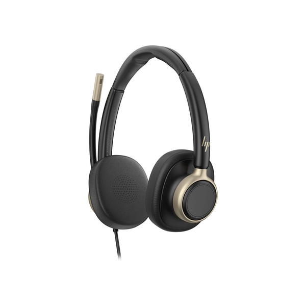 HP Mission 825 An on-ear wired headset with black ear cups, a padded headband, and a small attached microphone, shown on a plain white background. A gold HP logo is visible on the side of the right ear cup.