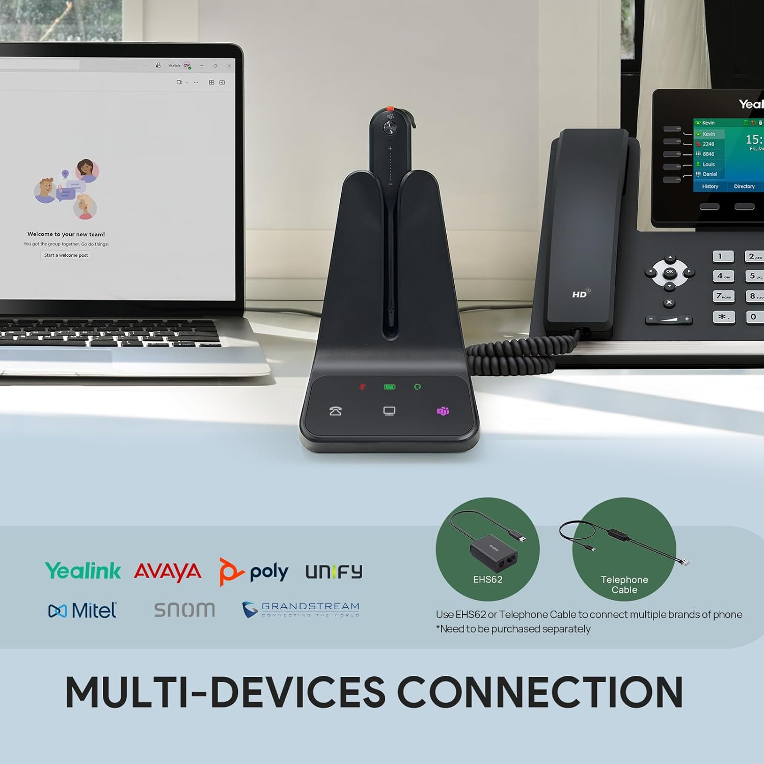 Yealink WH63 E2 Wireless DECT Headset, Teams Certified, 607ft Range